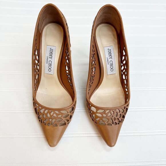 Jimmy Choo Romy 100 Brown Laser Cut Leather Pumps Heels Perforated Canyon 37 - Picture 2 of 14